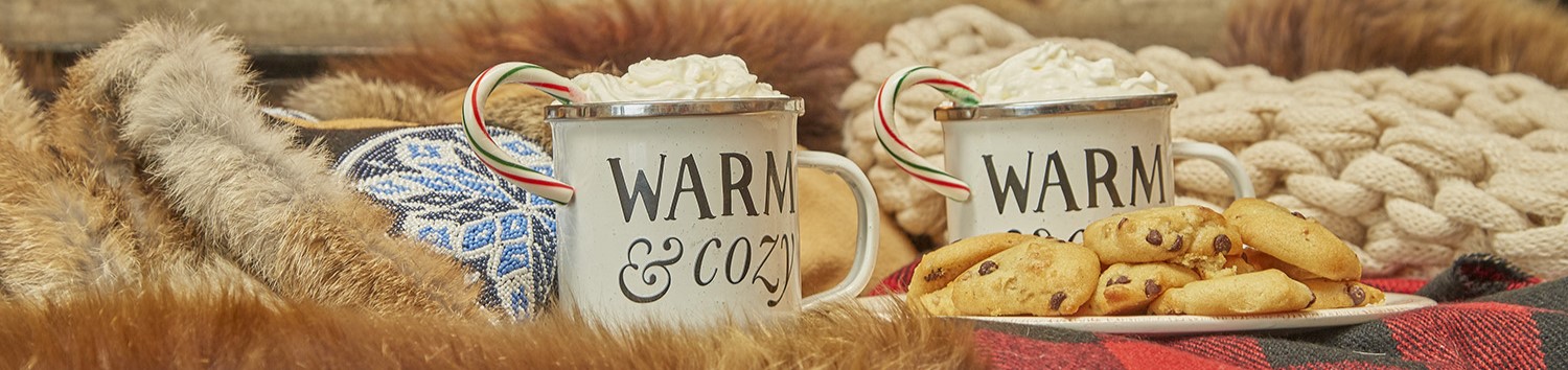 Fireplace with cookies and hot chocolate