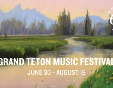 Grand Teton Music Festival poster of painted mountains and river